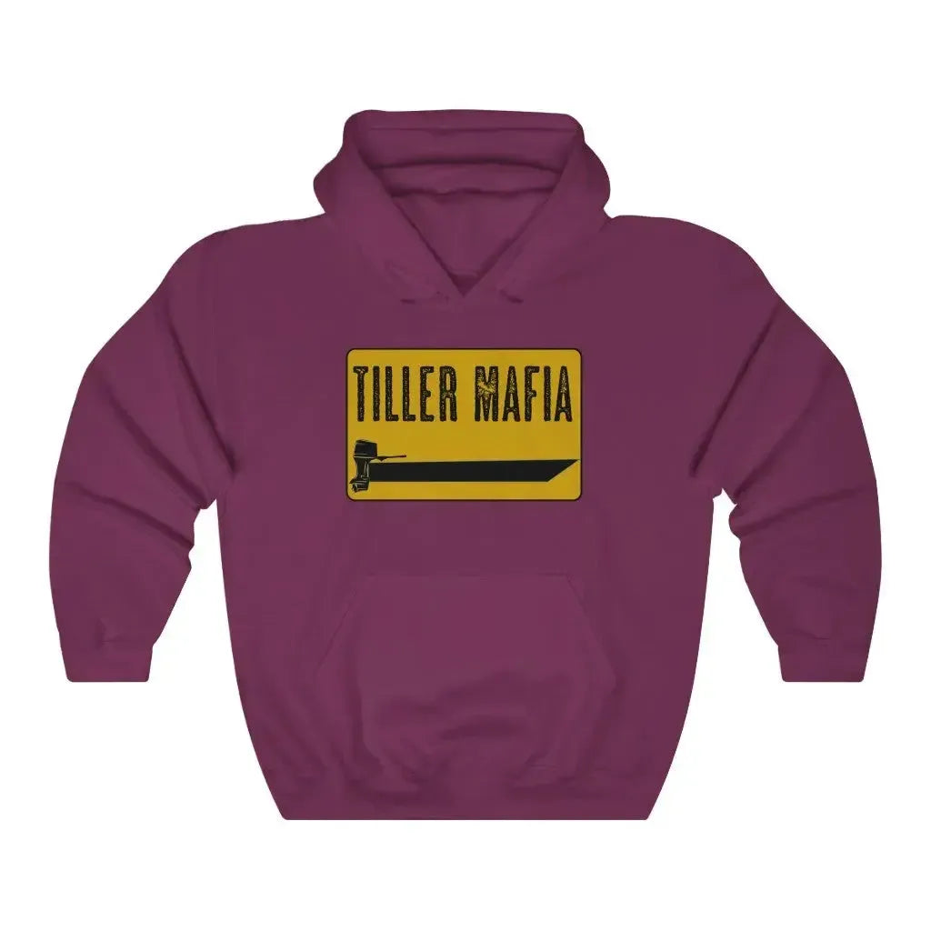 Maroon Tiller Mafia hooded sweatshirt with yellow and black boat graphic.