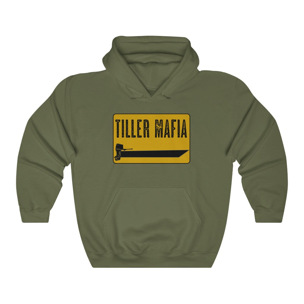 Olive green Tiller Mafia hooded sweatshirt with black and yellow boat graphic.