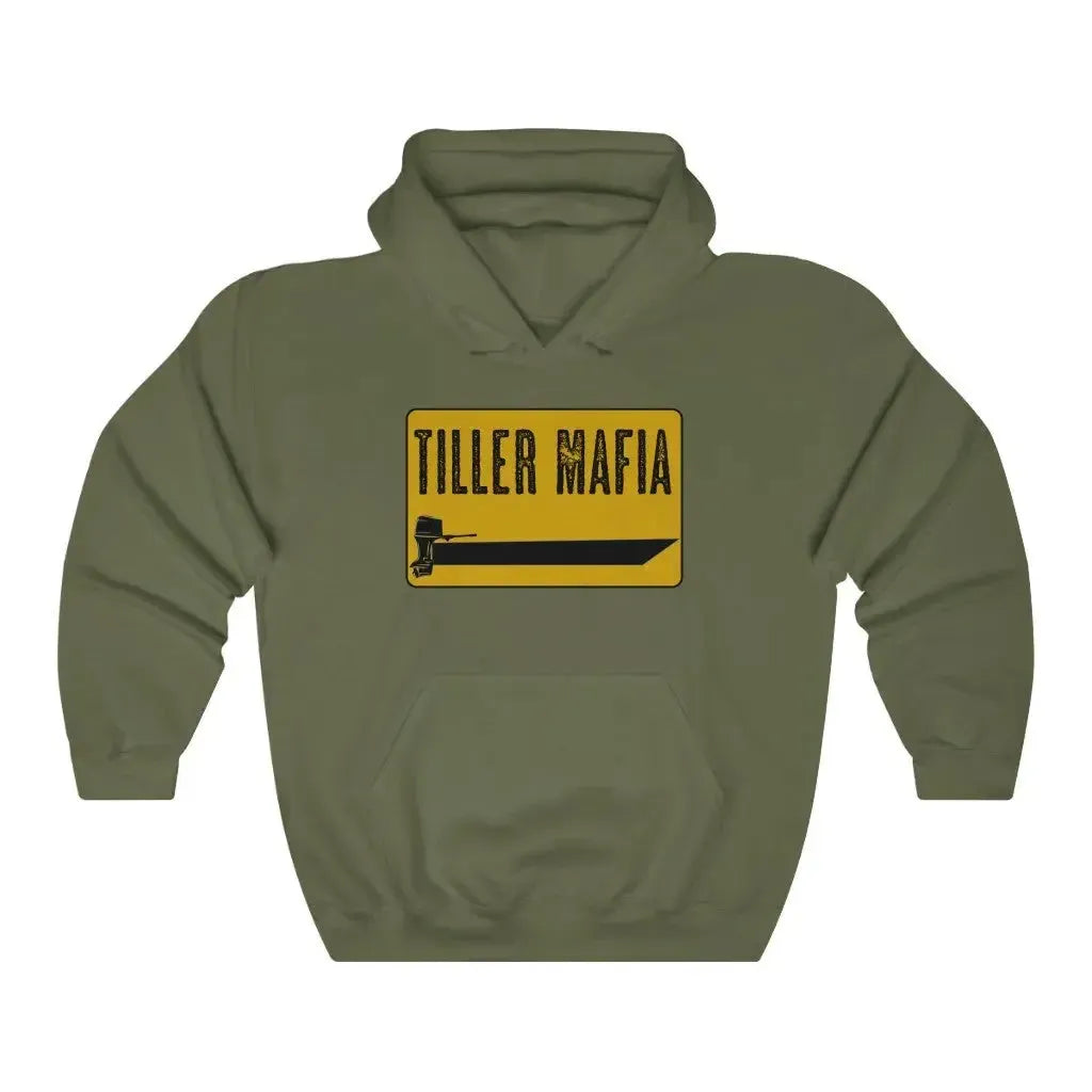 Olive green Tiller Mafia hooded sweatshirt with black and yellow boat graphic.