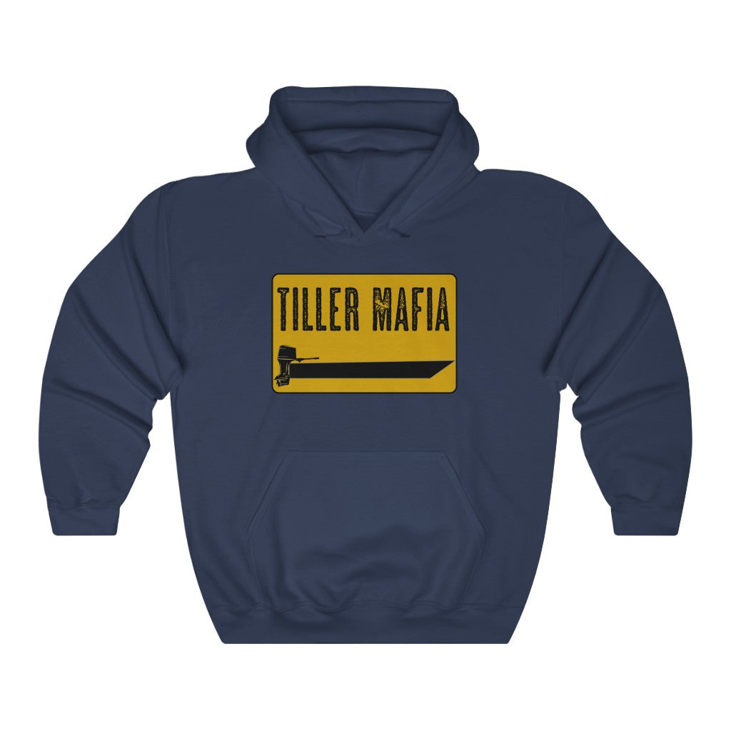 Navy Tiller Mafia hooded sweatshirt with yellow and black boat graphic.