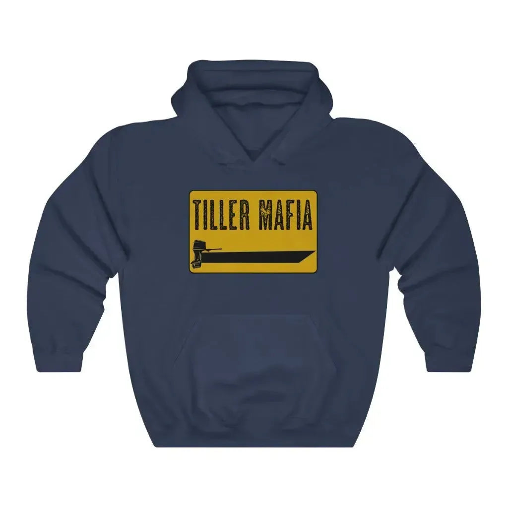 Navy Tiller Mafia hooded sweatshirt with yellow and black boat graphic.
