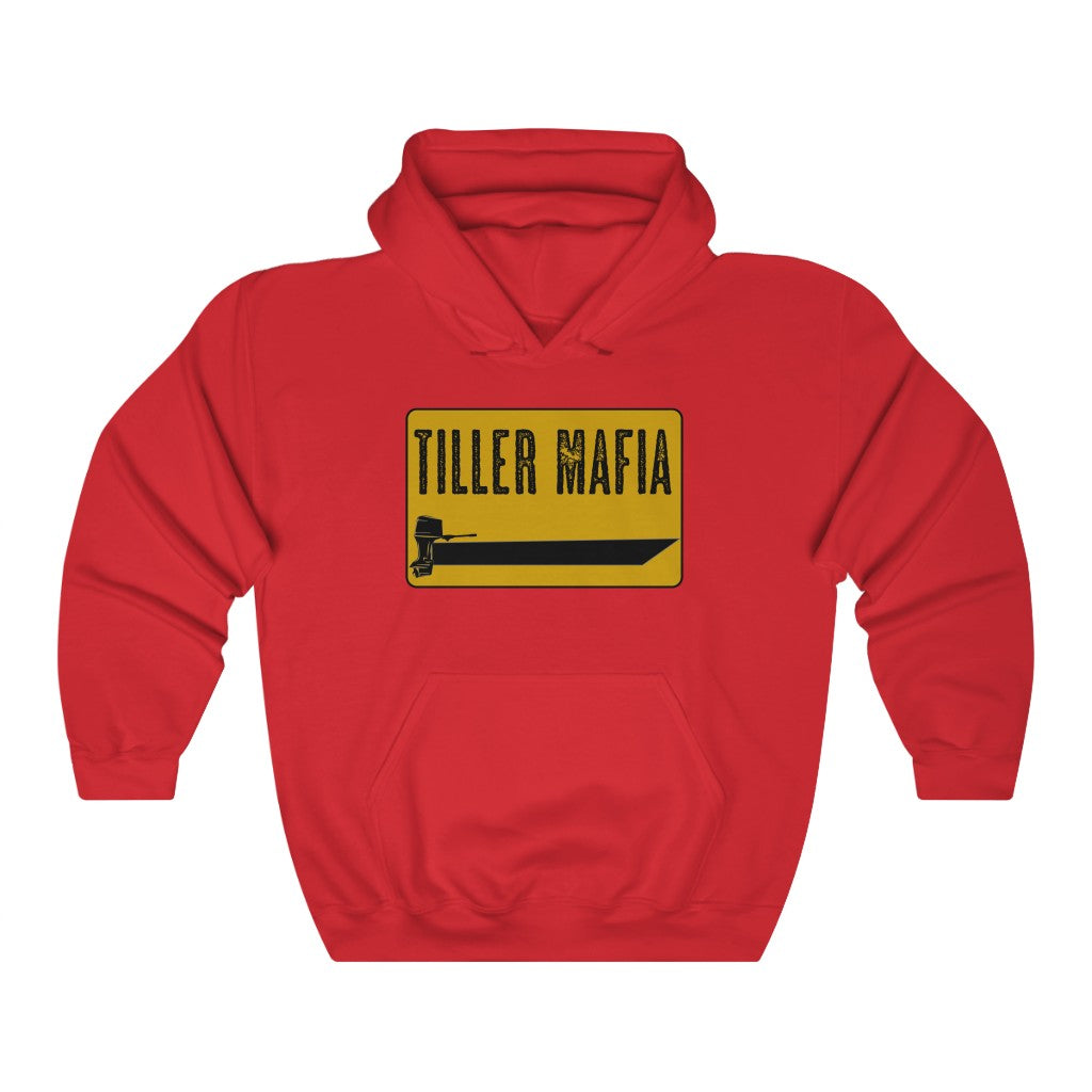 Red Tiller Mafia hooded sweatshirt with a yellow and black boat graphic.
