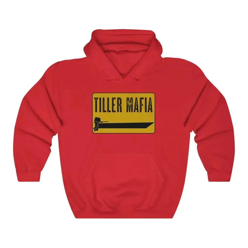 Red Tiller Mafia hooded sweatshirt with a yellow and black boat graphic.
