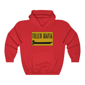Red Tiller Mafia hooded sweatshirt with a yellow and black boat graphic.