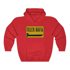 Red Tiller Mafia hooded sweatshirt with a yellow and black boat graphic.
