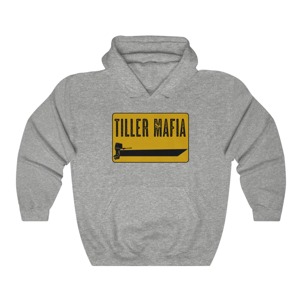 Gray Tiller Mafia hooded sweatshirt with a yellow and black boat graphic on the front.