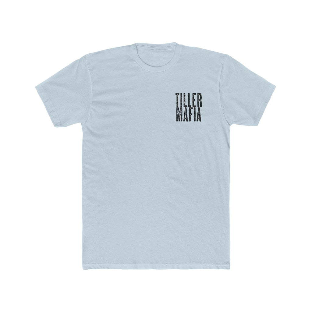 Light blue Tiller Mafia Tee, 100% soft cotton, with black distressed text logo on left chest.