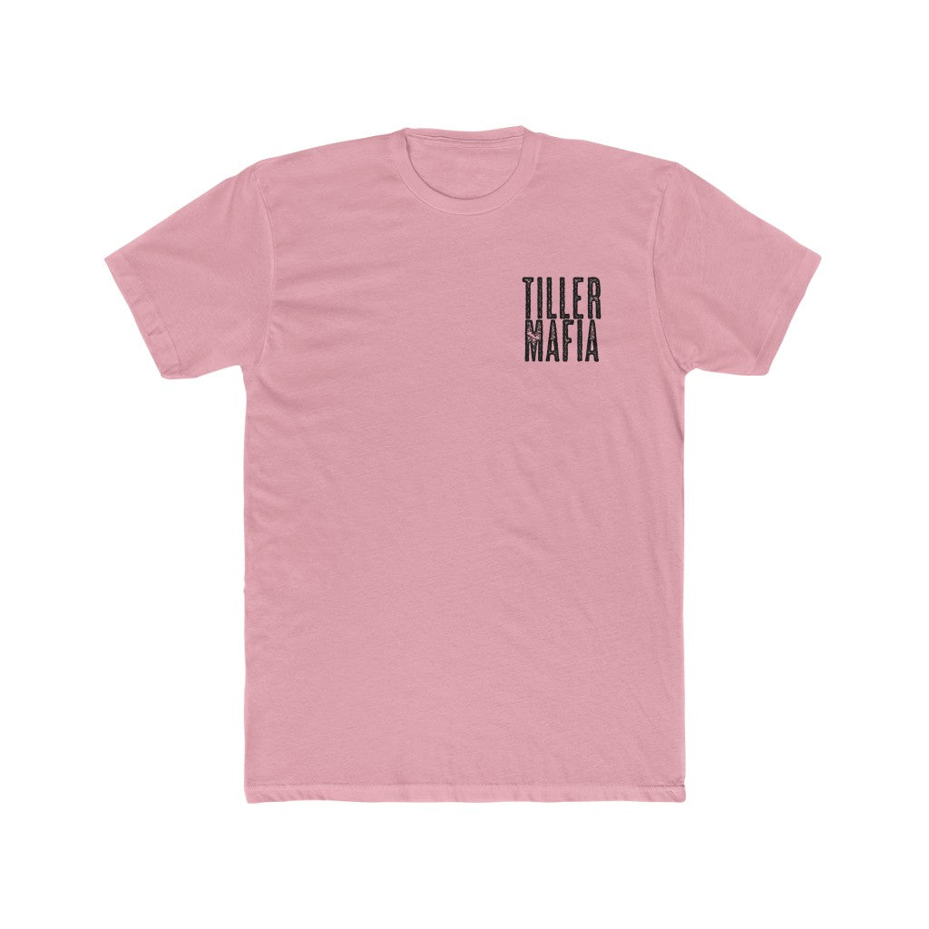 Pink "Tiller Mafia" tee with black text on the left chest, made from soft cotton.
