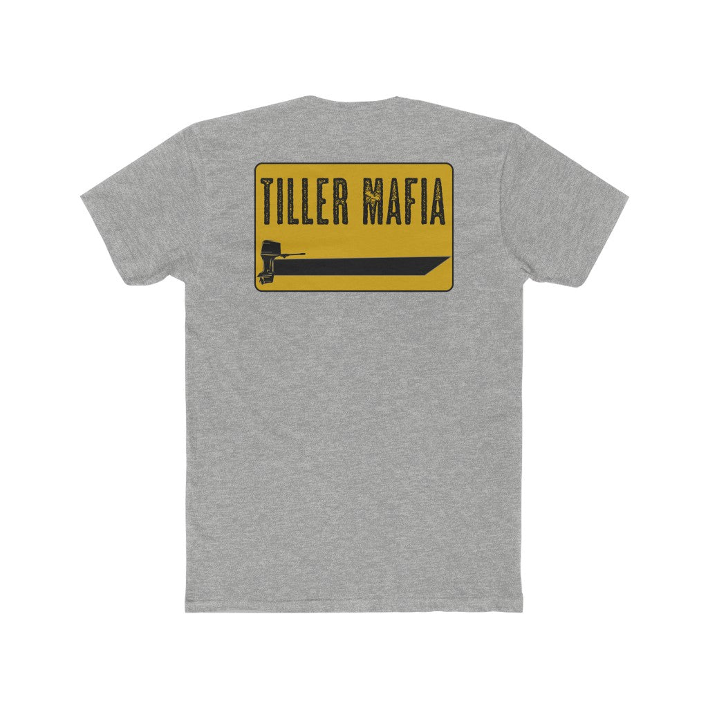Gray Tiller Mafia Tee with yellow rectangular graphic featuring a boat and outboard motor.