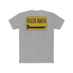 Gray Tiller Mafia Tee with yellow rectangular graphic featuring a boat and outboard motor.