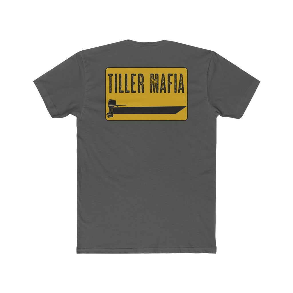 Charcoal gray Tiller Mafia tee with a yellow rectangular graphic featuring a black boat and outboard motor.