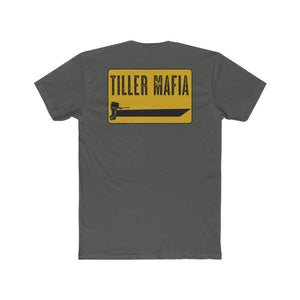 Charcoal gray Tiller Mafia tee with a yellow rectangular graphic featuring a black boat and outboard motor.