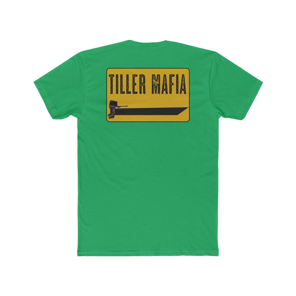 Green Tiller Mafia Tee with a yellow rectangular graphic featuring a black boat and outboard motor.