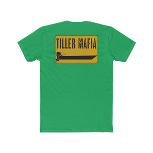 Green Tiller Mafia Tee with a yellow rectangular graphic featuring a black boat and outboard motor.