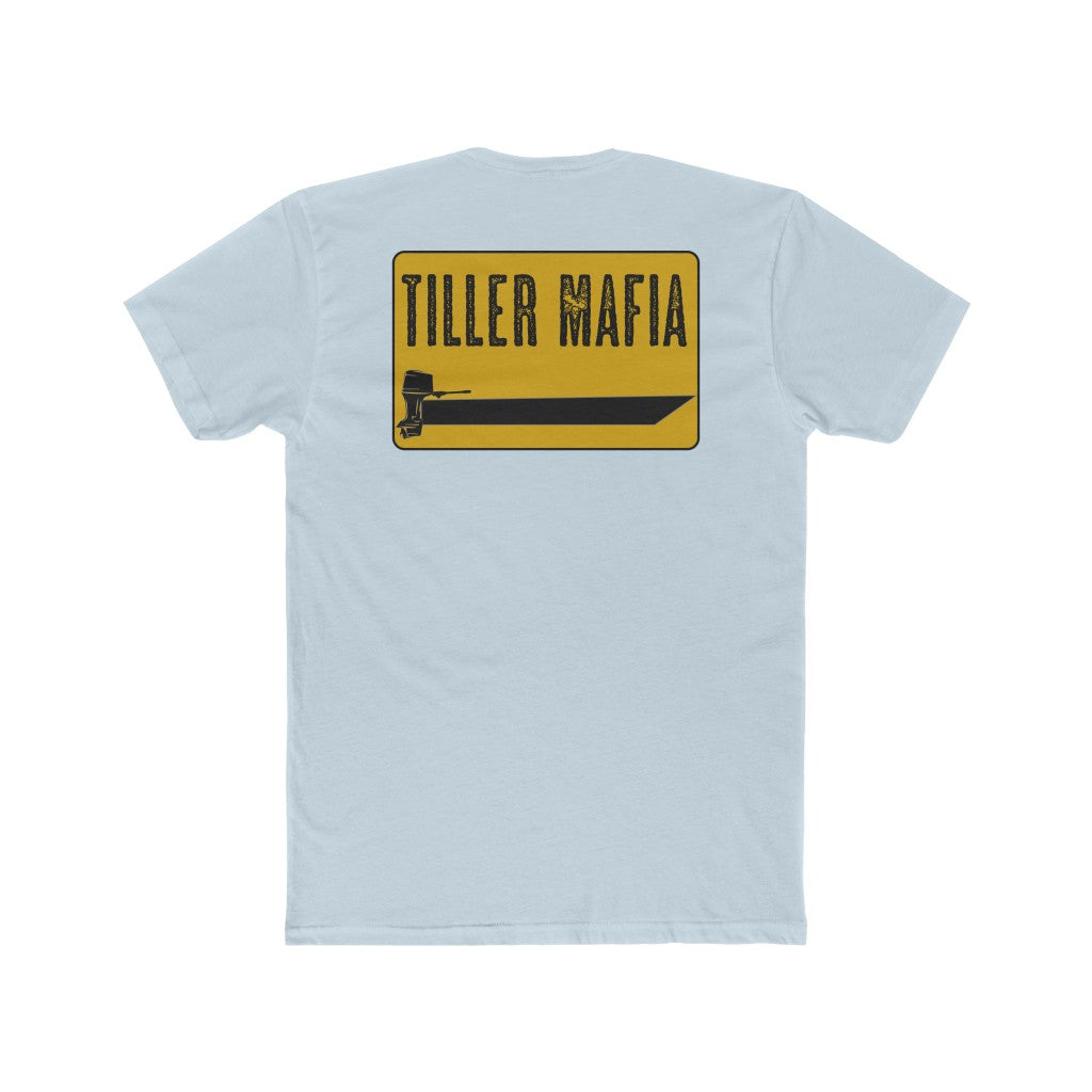 Light blue cotton Tiller Mafia Tee with a yellow rectangular graphic featuring a black boat and outboard motor.