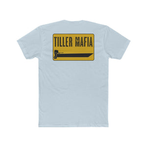 Light blue cotton Tiller Mafia Tee with a yellow rectangular graphic featuring a black boat and outboard motor.