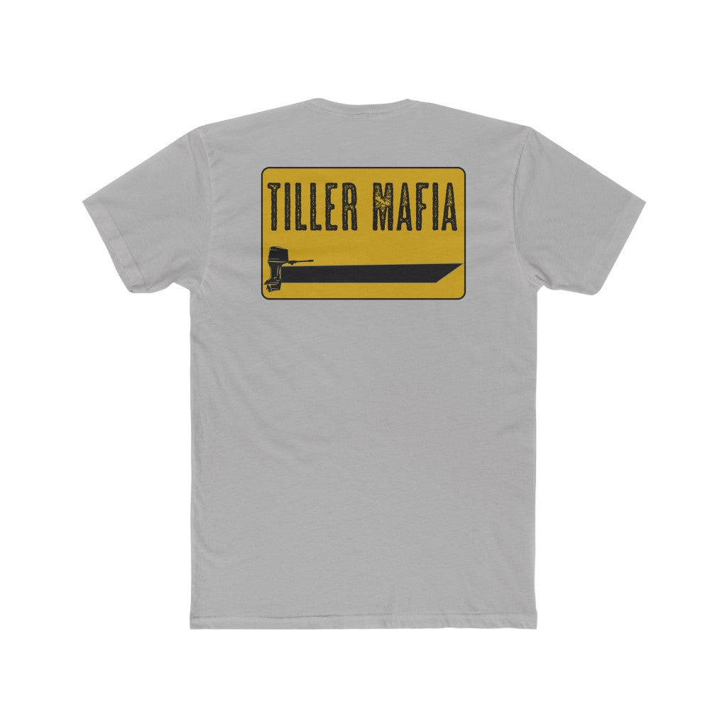 Light gray Tiller Mafia tee with a yellow rectangular graphic featuring a black boat and outboard motor.