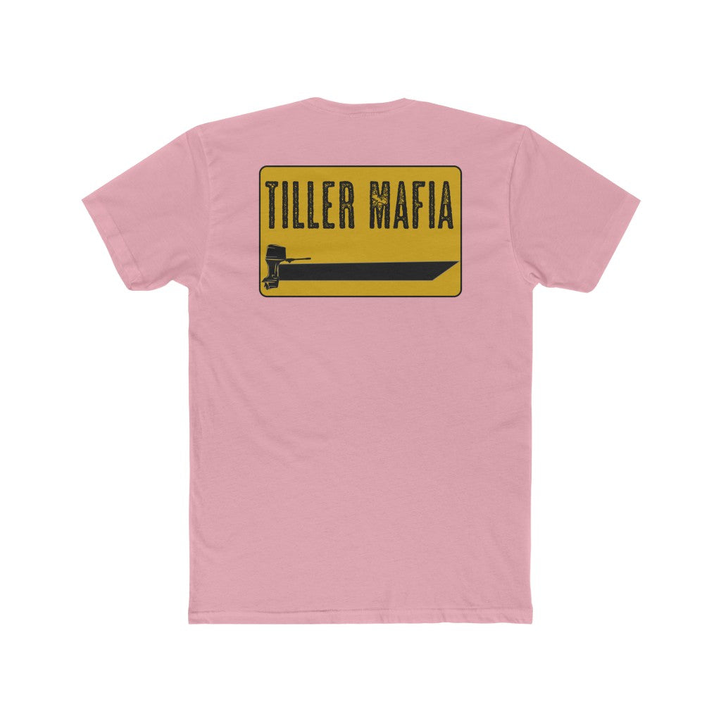 Pink Tiller Mafia Tee with a yellow rectangular graphic featuring a black boat and outboard motor.
