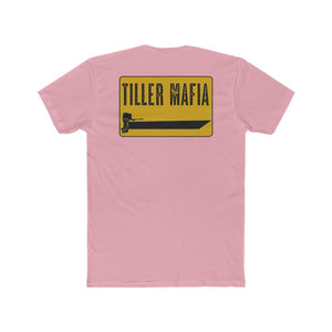Pink Tiller Mafia Tee with a yellow rectangular graphic featuring a black boat and outboard motor.