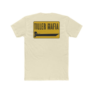 Light cream "Tiller Mafia" tee with a yellow rectangular graphic featuring a black outboard motor.