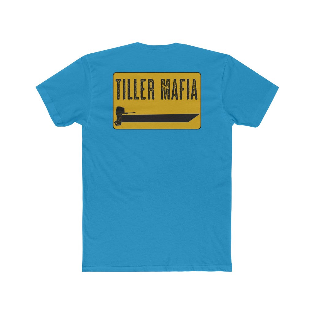 Blue Tiller Mafia Tee with yellow rectangular graphic featuring a boat and outboard motor.