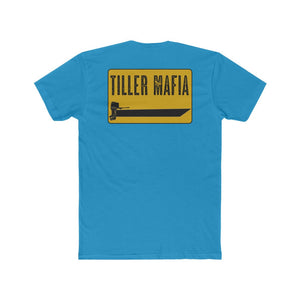 Blue Tiller Mafia Tee with yellow rectangular graphic featuring a boat and outboard motor.