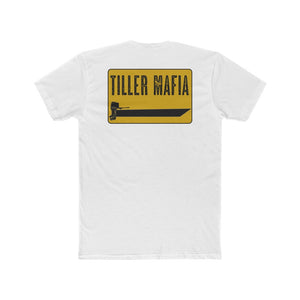 White cotton "Tiller Mafia" tee with a yellow rectangular graphic featuring a boat and outboard motor.