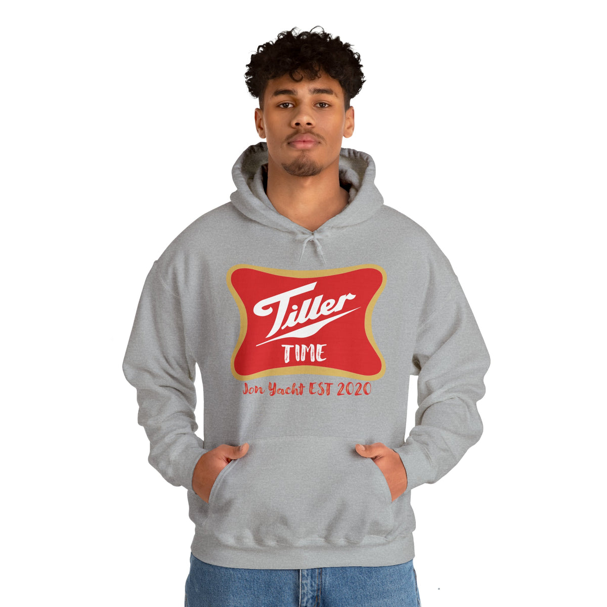 Gray Tiller Time Hoodie with red and gold logo, kangaroo pocket, and matching drawstring.