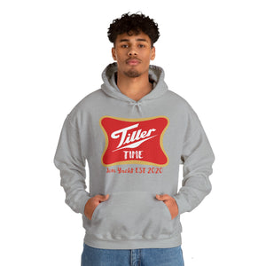 Gray Tiller Time Hoodie with red and gold logo, kangaroo pocket, and matching drawstring.