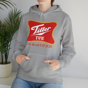 Gray "Tiller Time" hoodie with red and gold graphic, front kangaroo pocket, and matching drawstring.