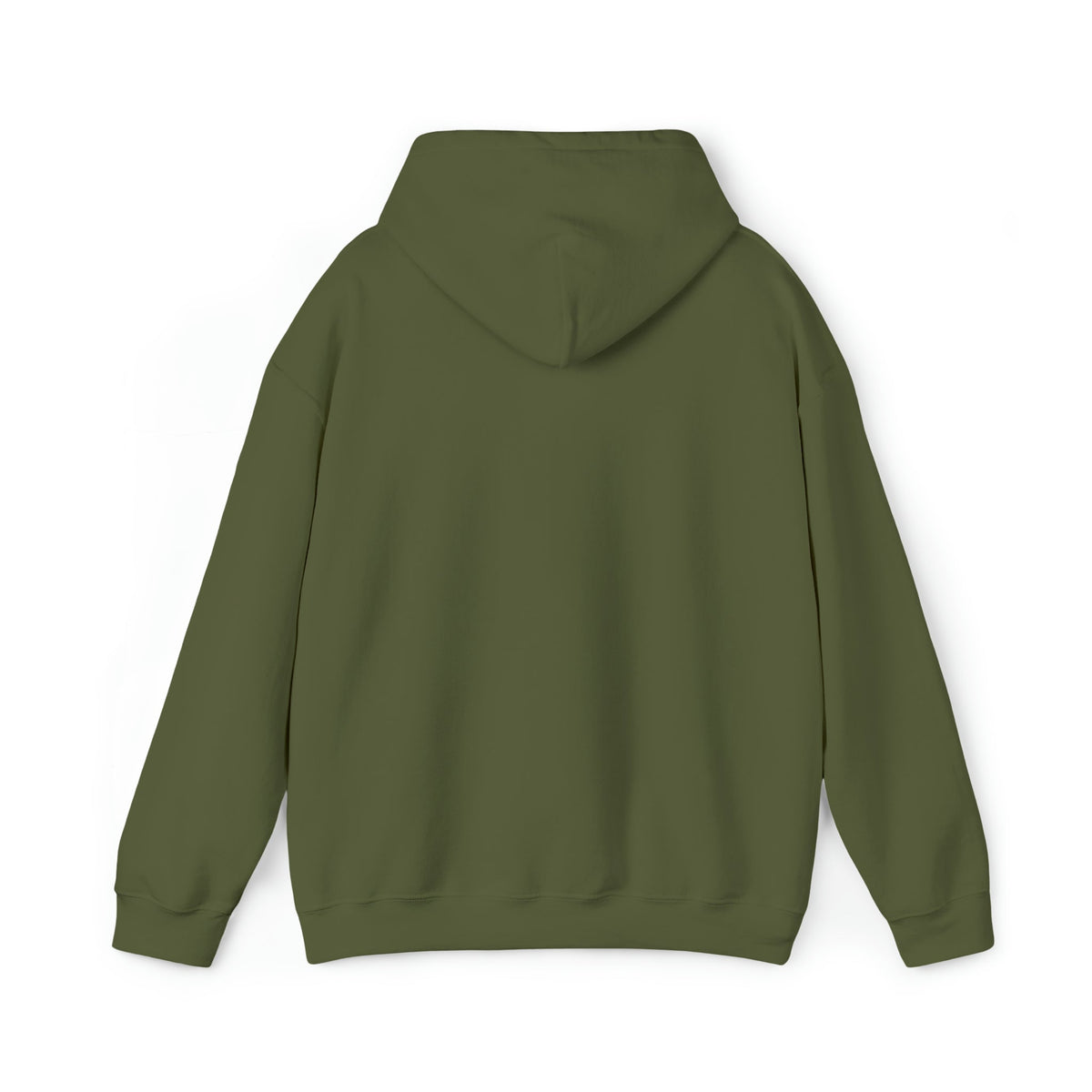 Back view of a plain olive green Tiller Time Hoodie, showing the hood and classic fit.