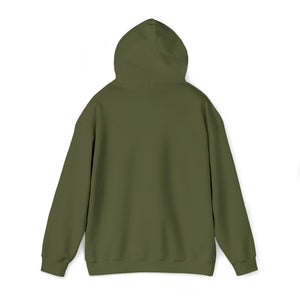 Back view of a plain olive green Tiller Time Hoodie, showing the hood and ribbed cuffs.