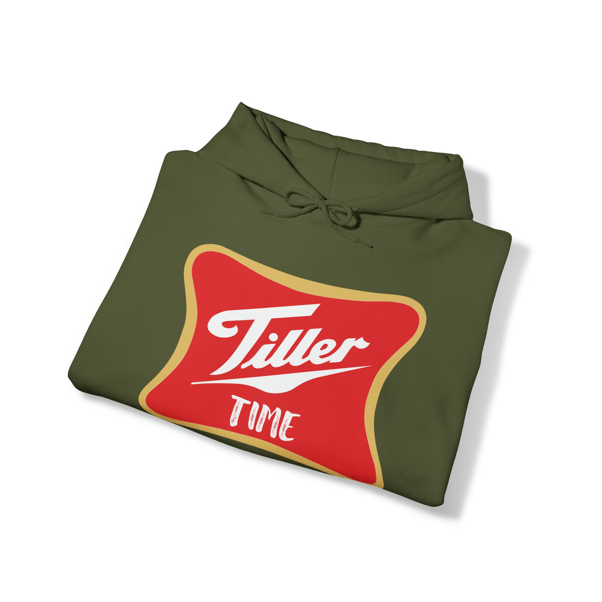 Olive green Tiller Time Hoodie, folded, featuring a red and gold "Tiller Time" graphic.