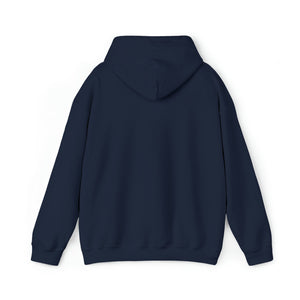 Back view of a classic fit navy blue cotton-polyester Tiller Time Hoodie with a matching drawstring.