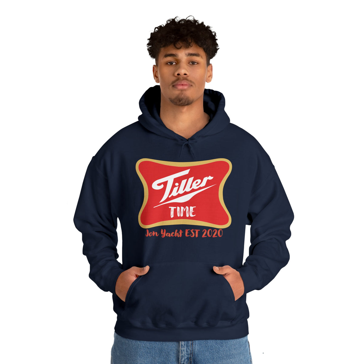 Navy "Tiller Time" hoodie with red and gold logo, kangaroo pocket, and matching drawstring.