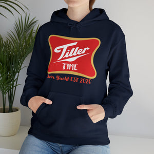 Navy Tiller Time Hoodie with red and gold logo, kangaroo pocket, and matching drawstring.