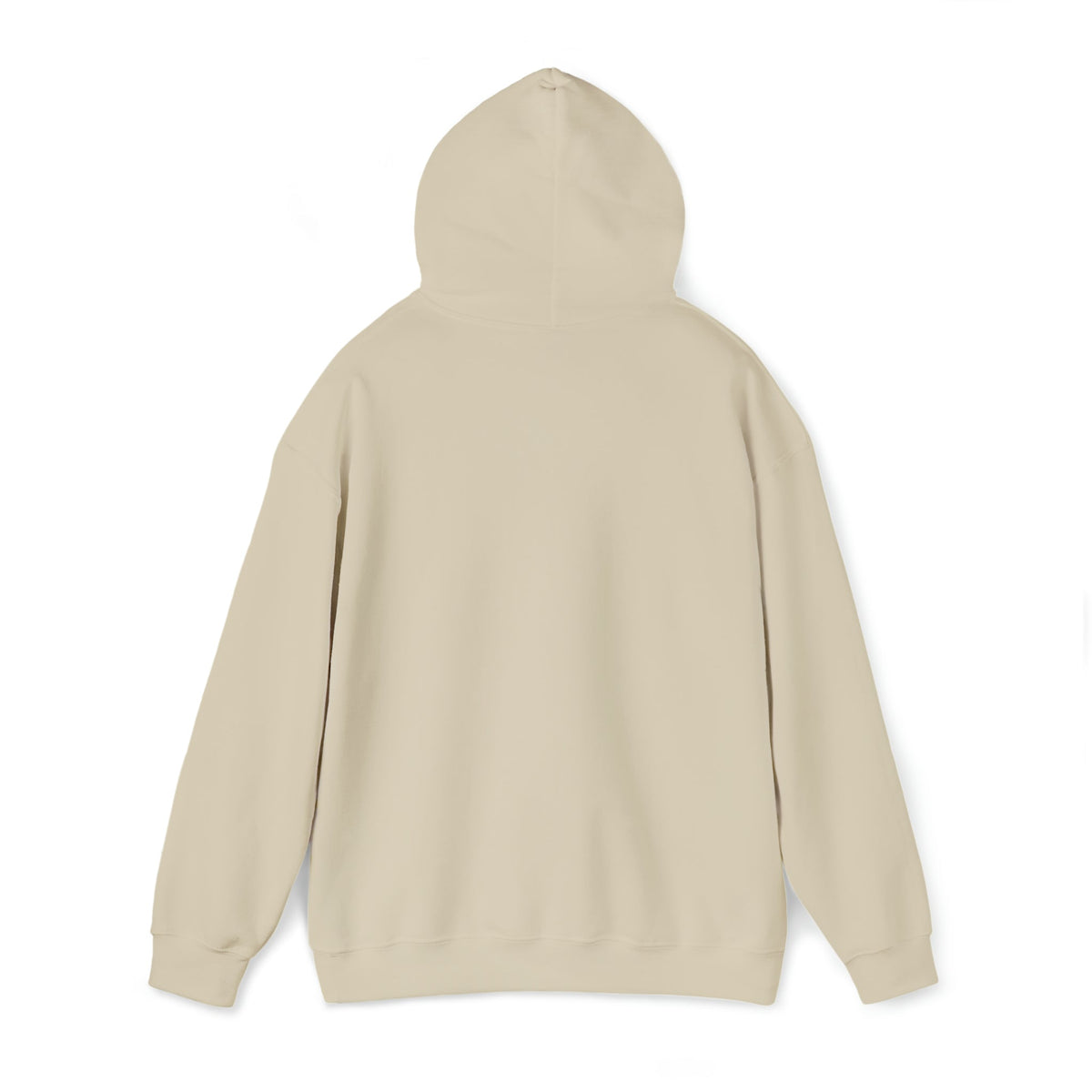 Back view of a plain beige heavy blend cotton-polyester hoodie with a classic fit and matching drawstring.