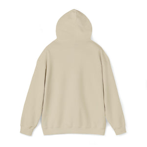 Back view of a plain beige heavy blend cotton-polyester hoodie with a classic fit and matching drawstring.