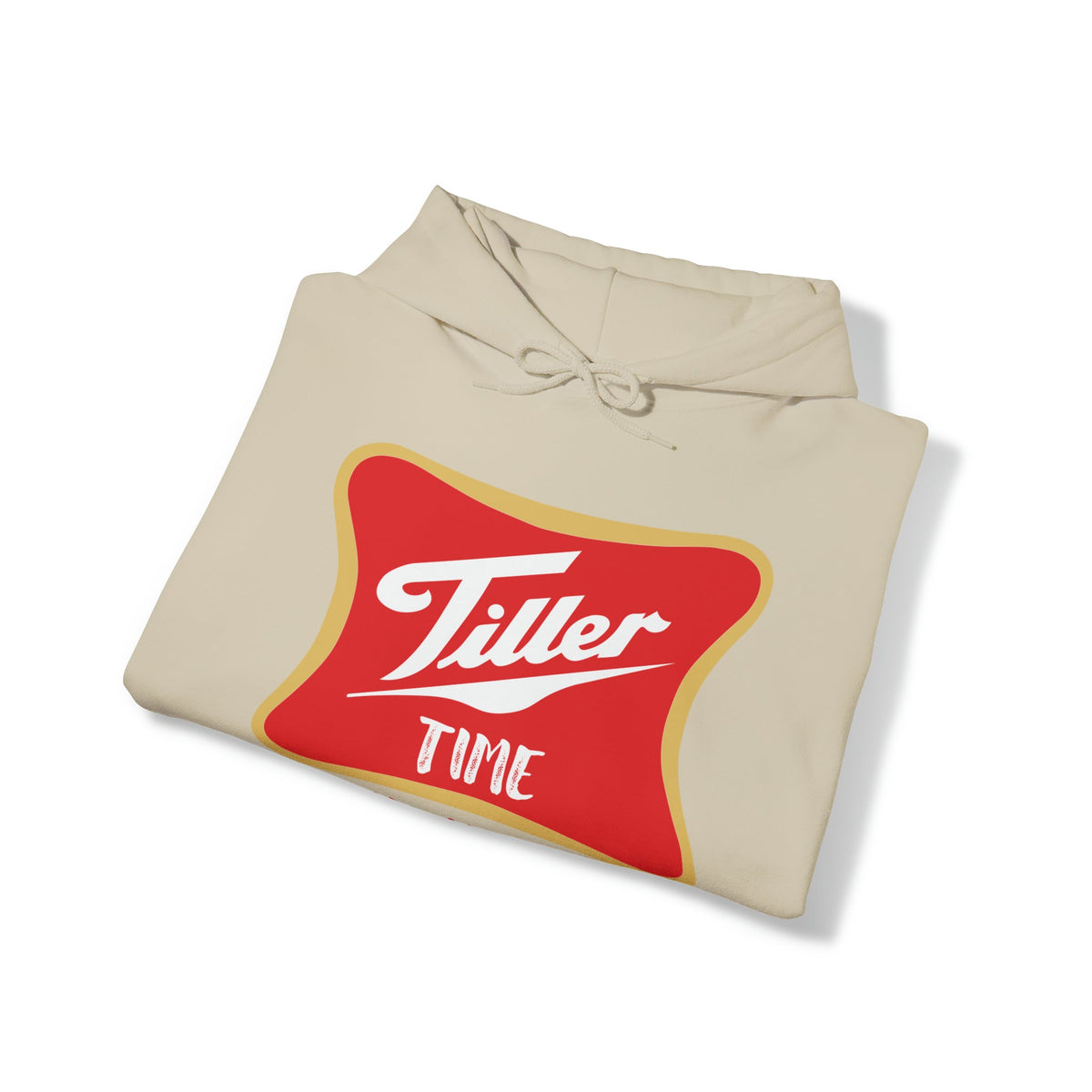 Beige cotton-polyester Tiller Time Hoodie with red and gold graphic, folded on a white background.