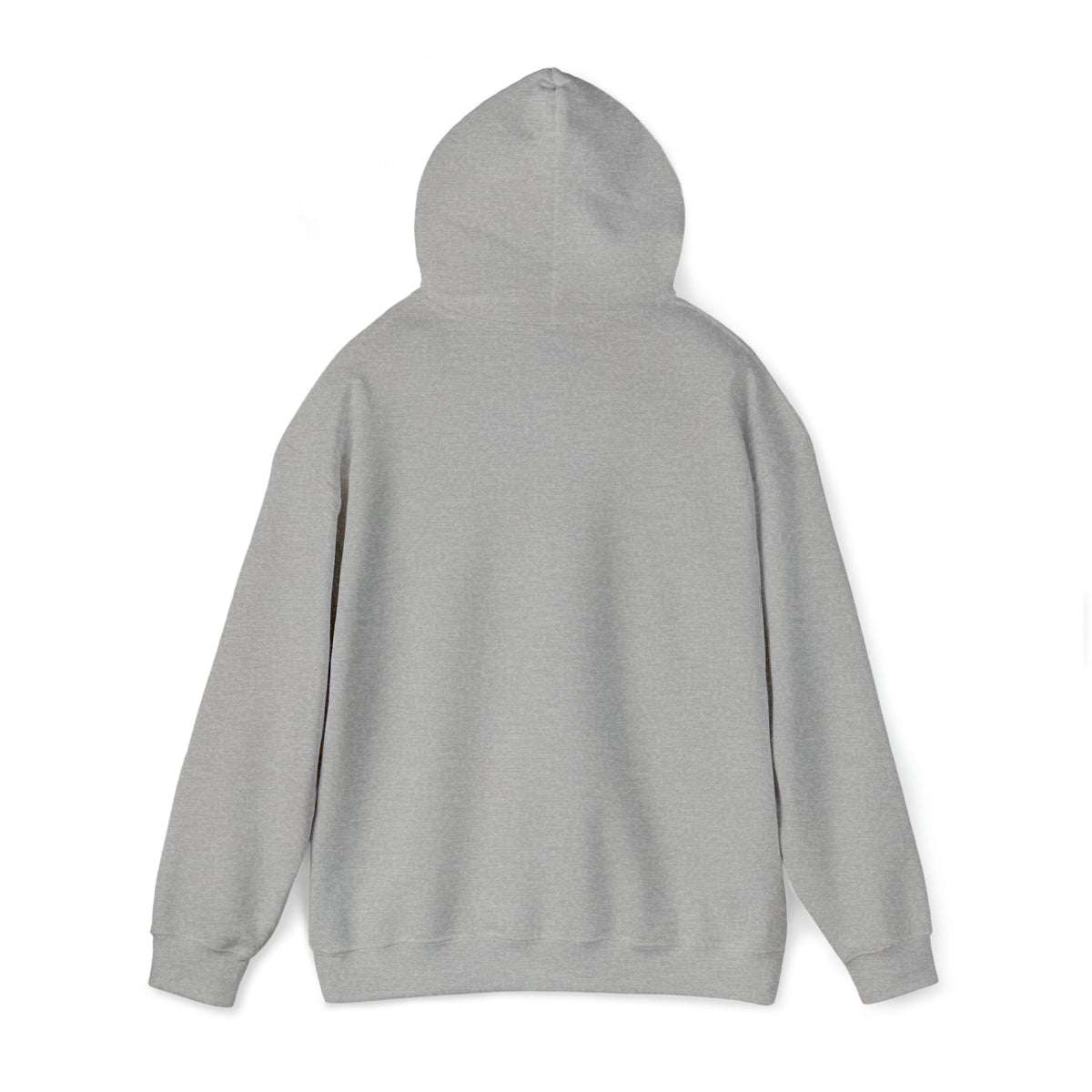 Back view of a plain gray heavy blend hooded sweatshirt with a classic fit.