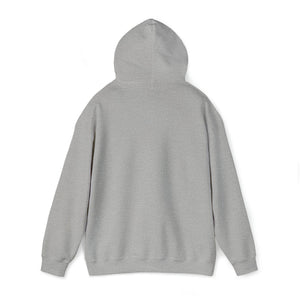 Back view of a plain gray heavy blend hooded sweatshirt with a classic fit.