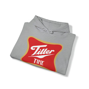 Gray cotton-polyester Tiller Time Hoodie with red and gold graphic, folded on white background.