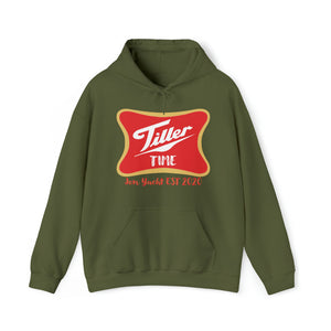 Olive green cotton-polyester Tiller Time Hoodie with red and white graphic, kangaroo pocket, and drawstring hood.