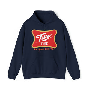 Navy blue cotton-polyester hoodie with "Tiller Time Jon Yacht EST 2020" graphic, kangaroo pocket, and drawstring hood.