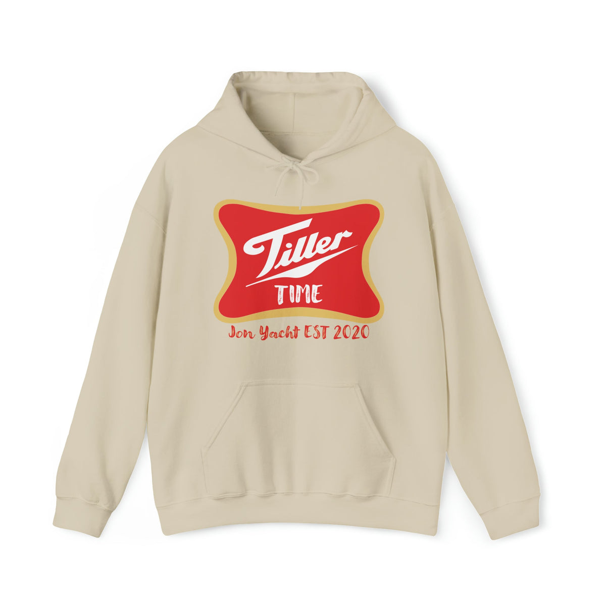 Beige Tiller Time Hoodie with red and gold logo, kangaroo pocket, and drawstring hood.