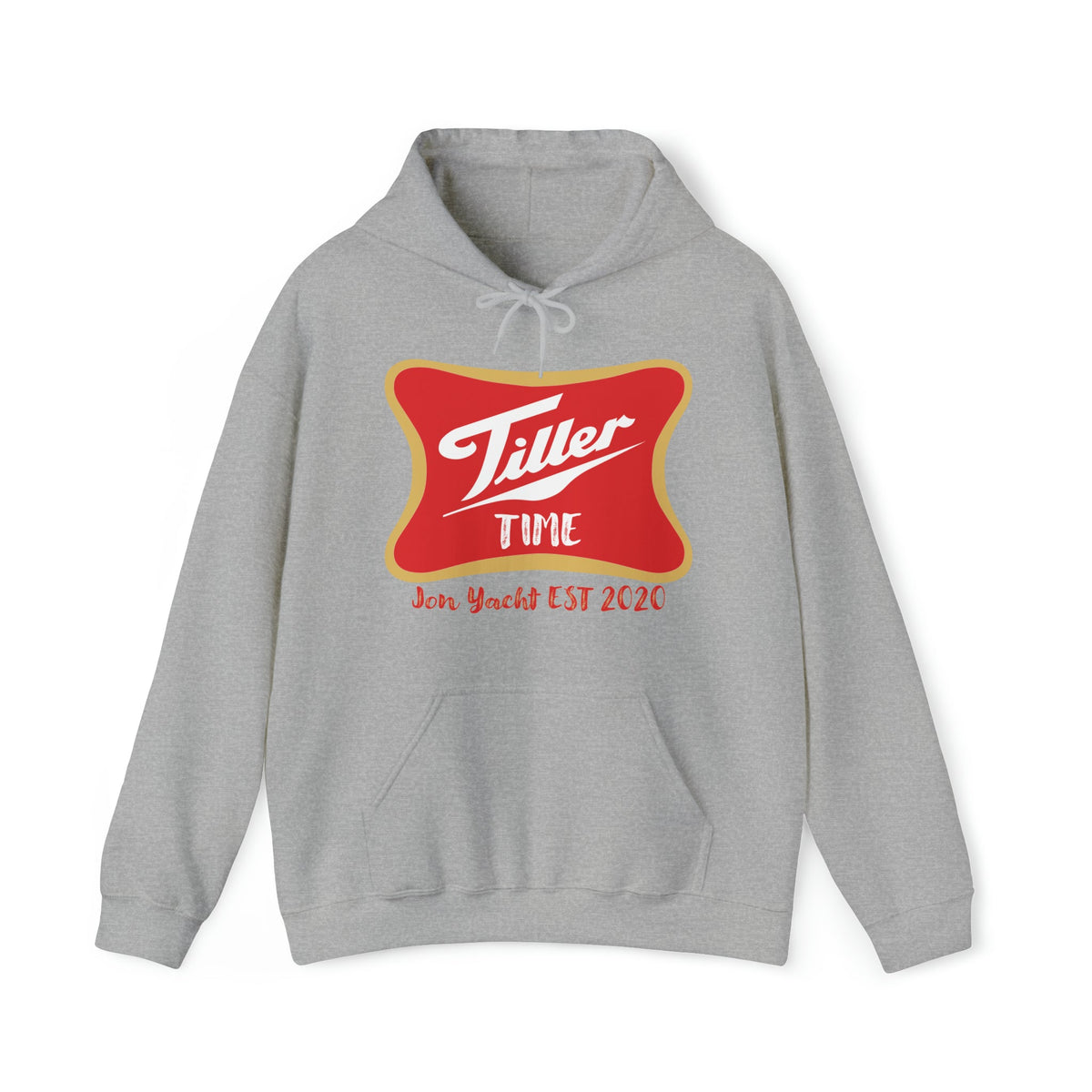 Gray Tiller Time Hoodie with red and yellow logo, kangaroo pocket, and matching drawstring.