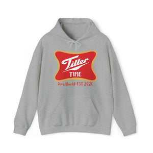 Gray Tiller Time Hoodie with red and yellow logo, kangaroo pocket, and matching drawstring.