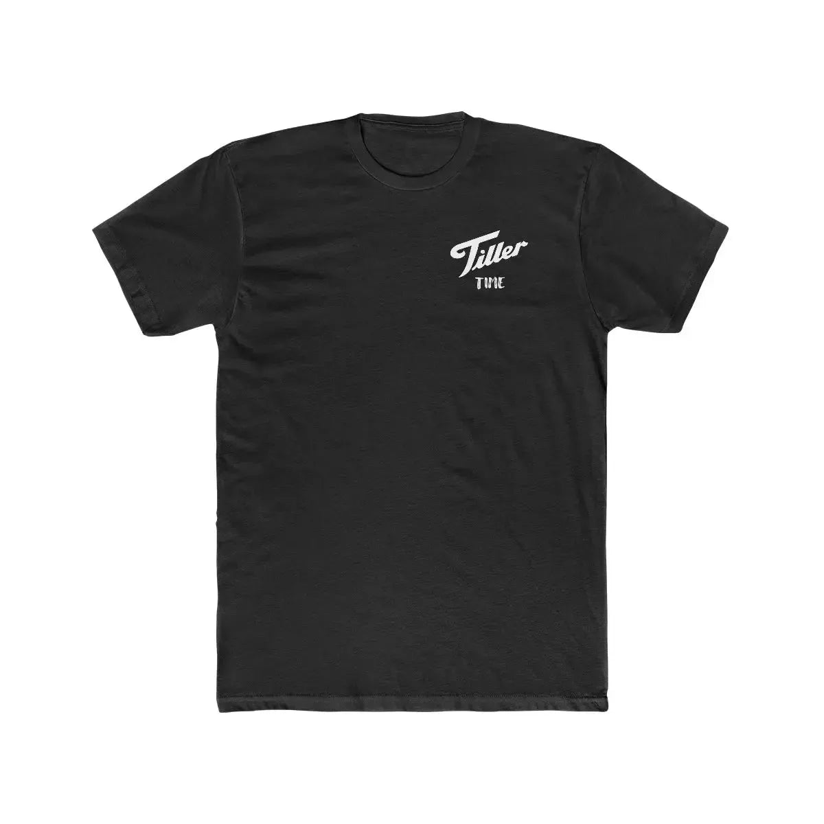 Black premium fit combed ring-spun cotton t-shirt with "Tiller Time" in white script on the chest.