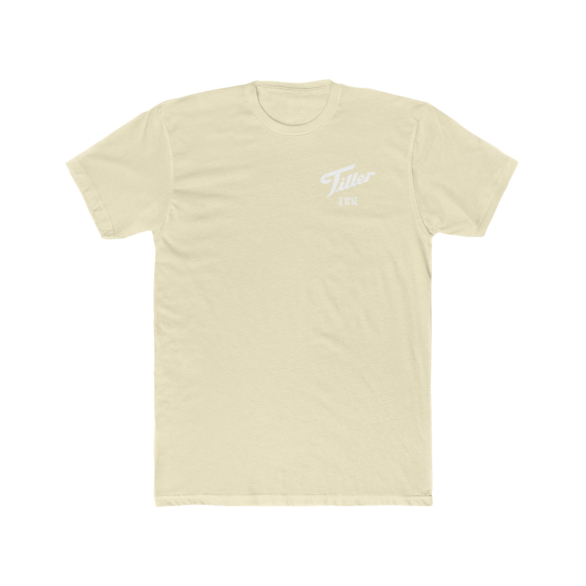 Light beige premium fit Tiller Time t-shirt with white text on 100% combed, ring-spun cotton.