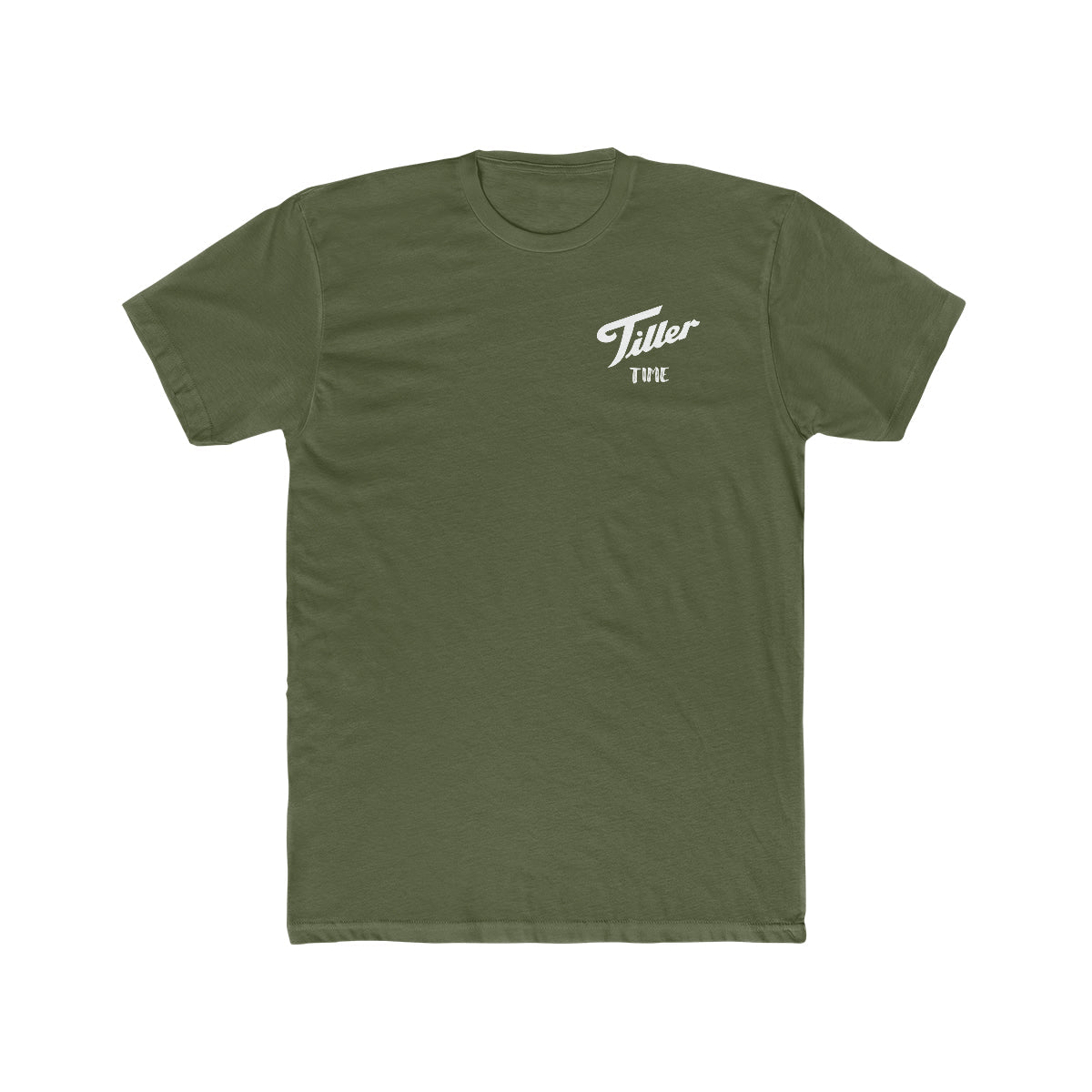 Olive green premium fit combed cotton t-shirt with "Tiller Time" graphic in white script.